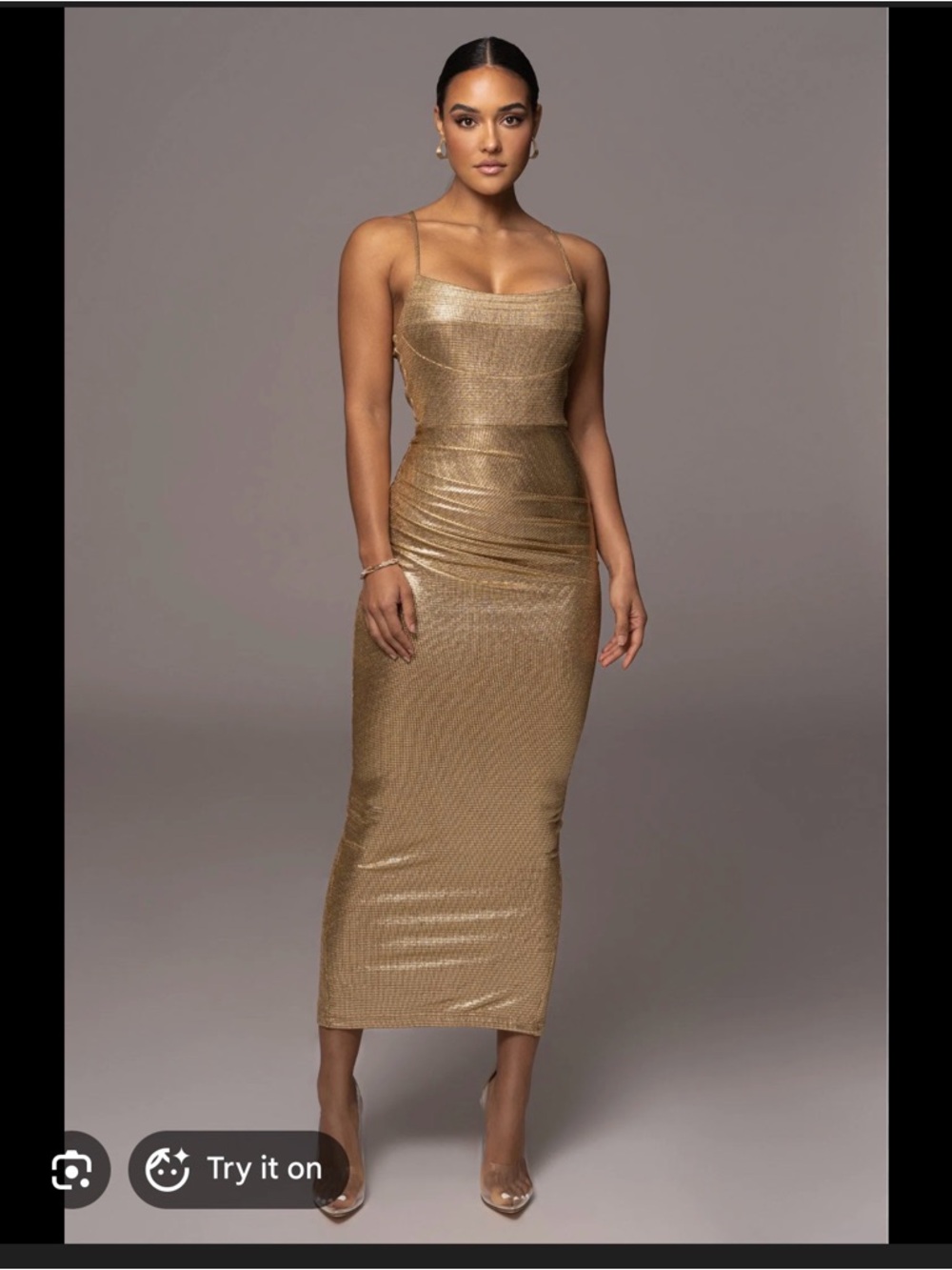 Gold Bodycon Midi Dress with Spaghetti Straps